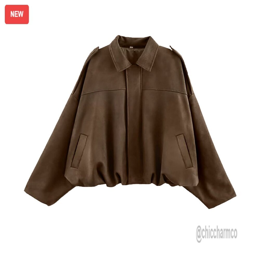 Faux Suede Bomber Jacket Oversized Cropped Lapel Motorcycle Style - Picture 1 of 7